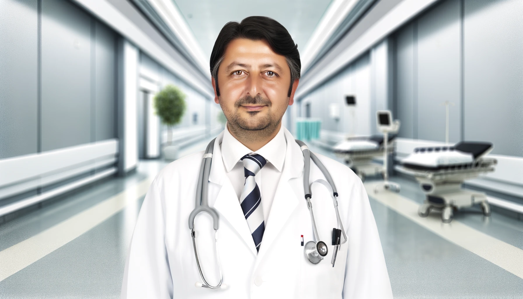 a compassionate Turkish doctor, exuding confidence and care, positioned in a state-of-the-art hospital corridor. 