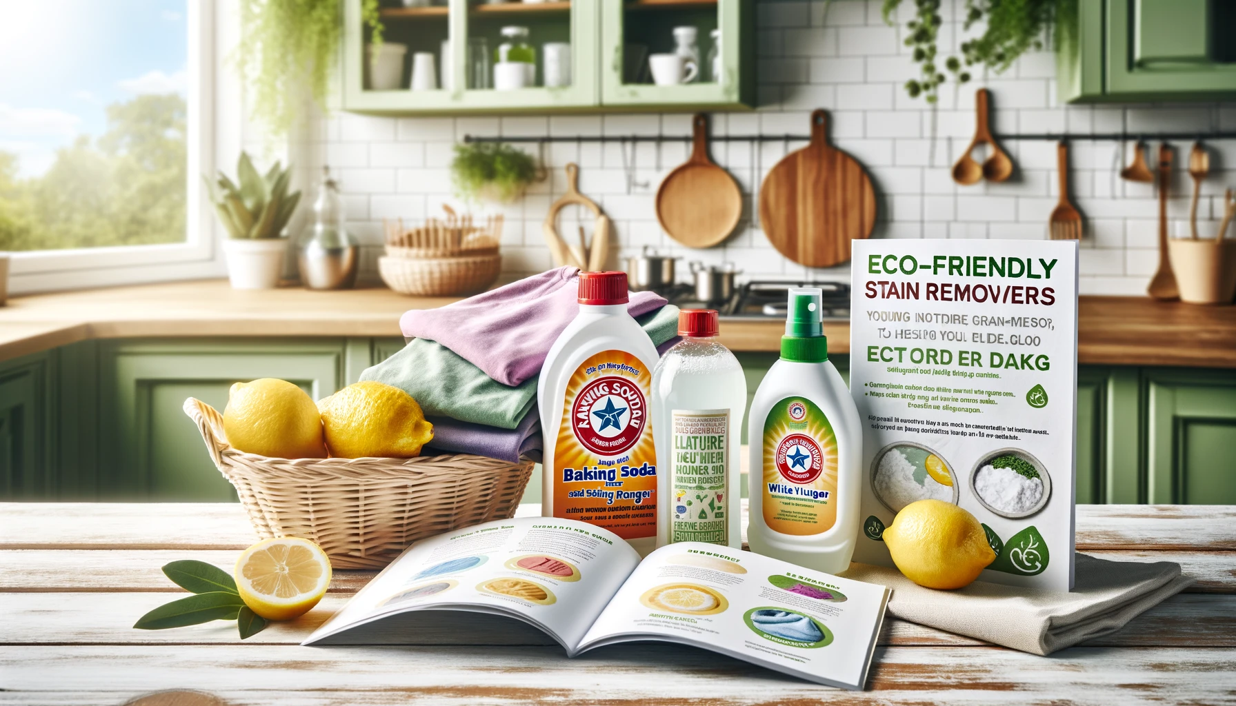 an assortment of natural stain removers like baking soda, lemon, and white vinegar, set against the backdrop of a bright, eco-friendly kitchen. 