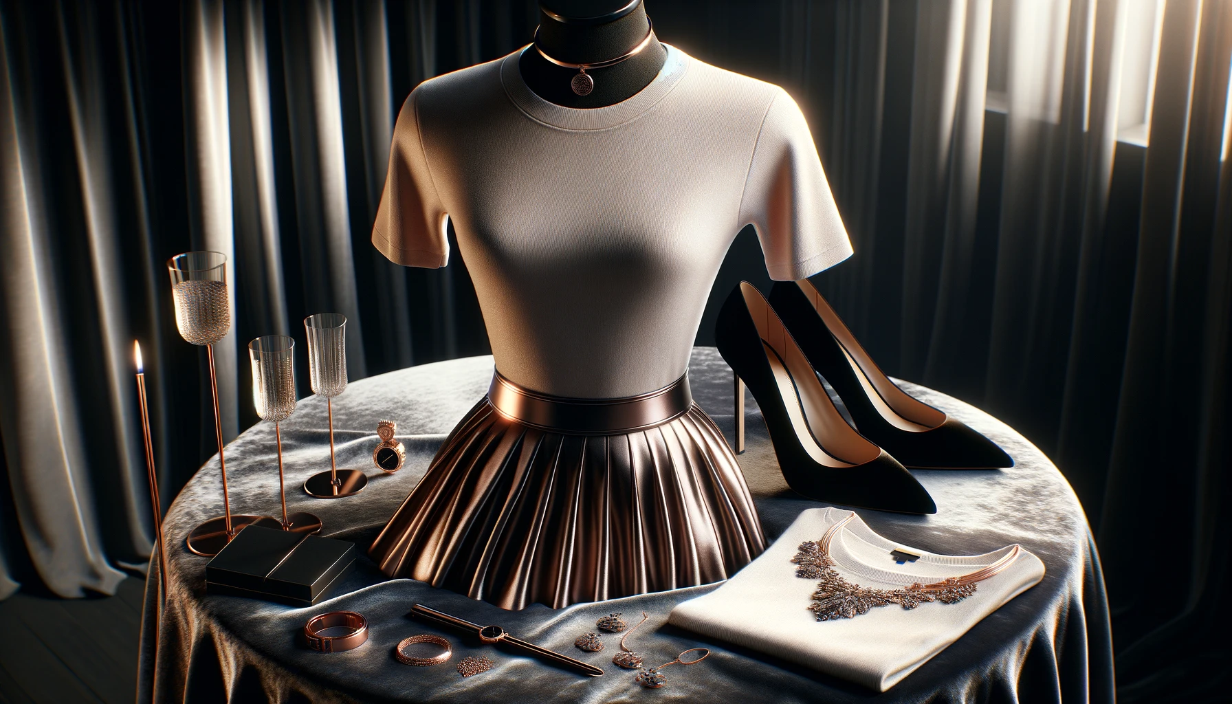  an elegant evening setup featuring a basic tee seamlessly integrated into a sophisticated outfit. The outfit includes a basic tee tucked into a high-waisted midi skirt, complemented by a pair of high heels and statement jewelry laid out on a luxurious velvet surface. 