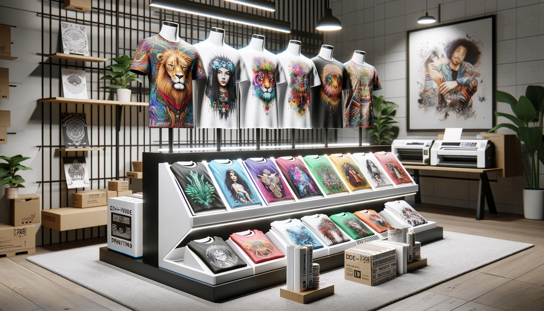 a collection of t-shirts featuring all-over prints and personalized designs, arranged on a sleek display stand. 