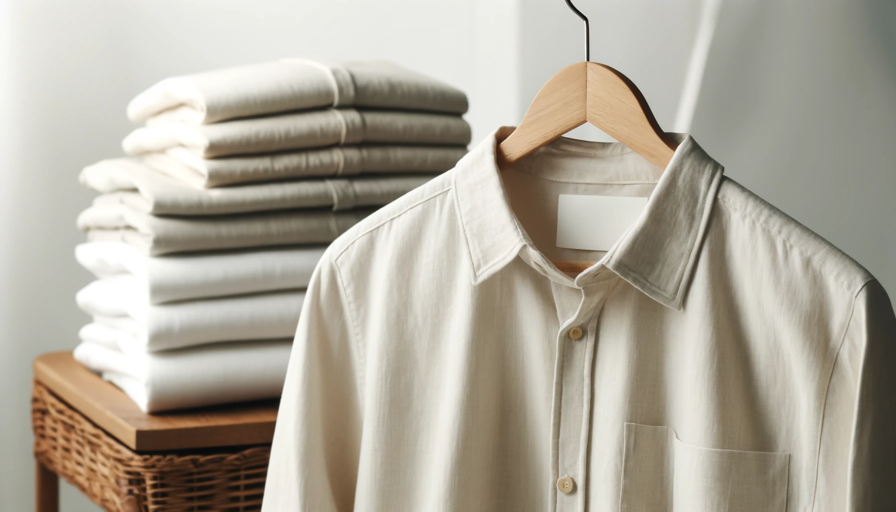 A close-up of a cotton shirt on a wooden hanger, highlighting the fabric's texture and quality.