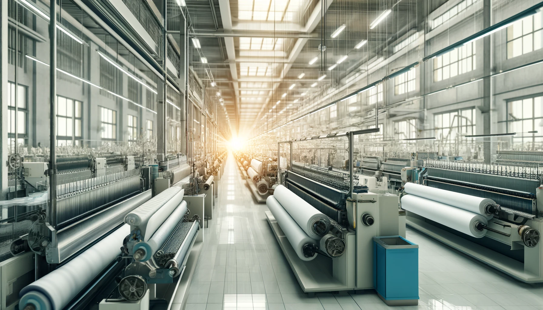 A modern textile factory interior with rows of machines spinning and weaving cotton fibers into fabric.