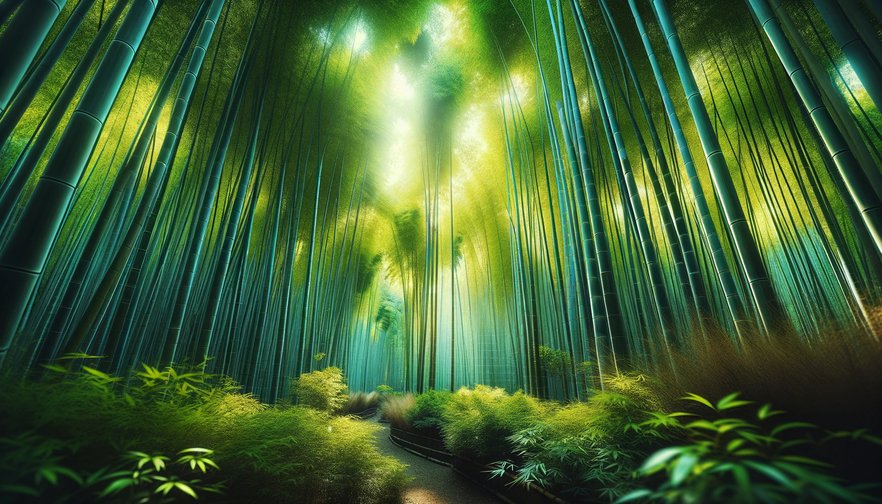 A lush bamboo forest with tall bamboo stalks reaching up towards the sky. 