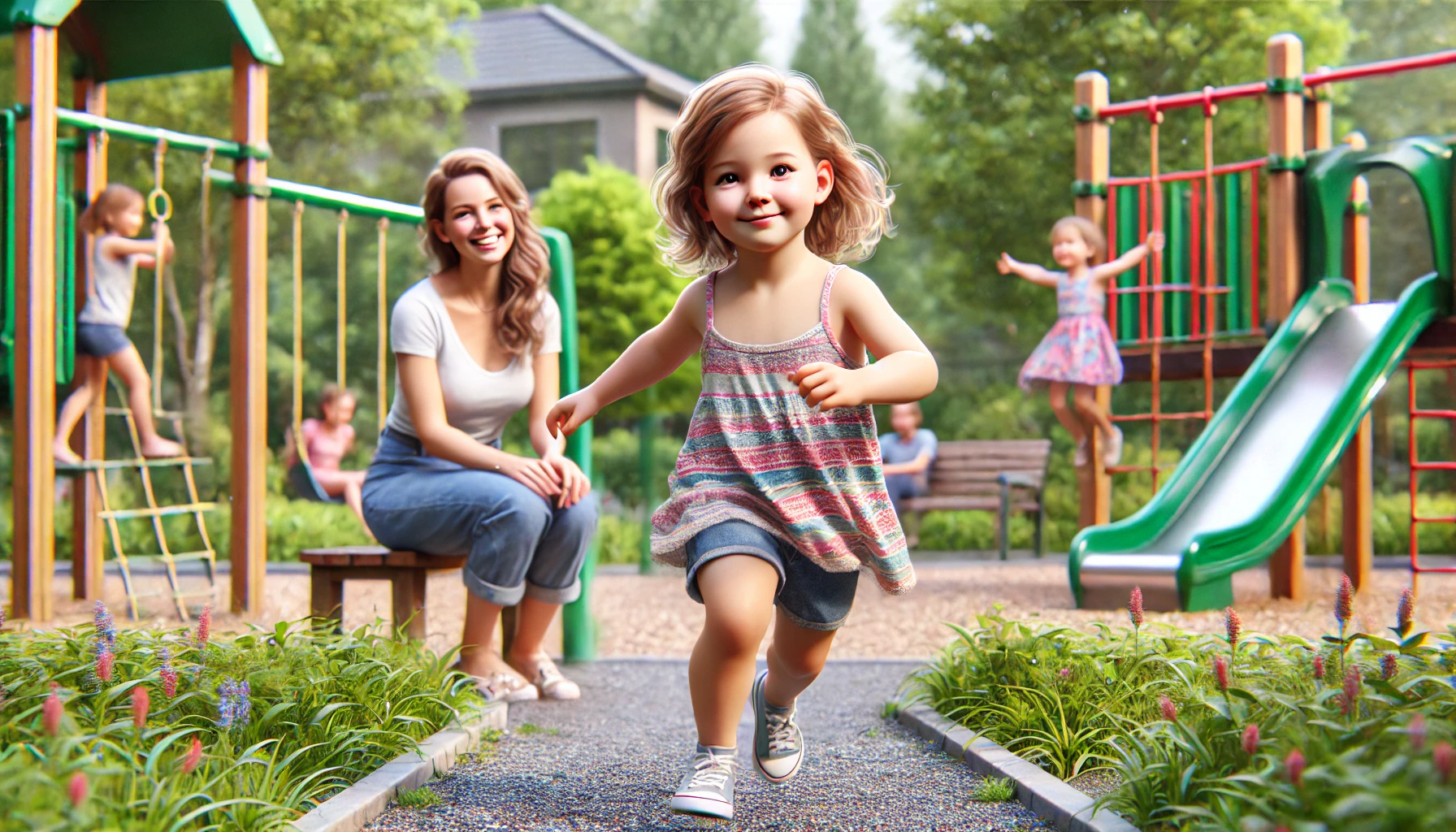 a young girl playing in a park and running around. In the background, a smiling mom is watching over her child, looking relaxed and happy. She is casually dressed and sitting on a bench, keeping a close eye on her child.