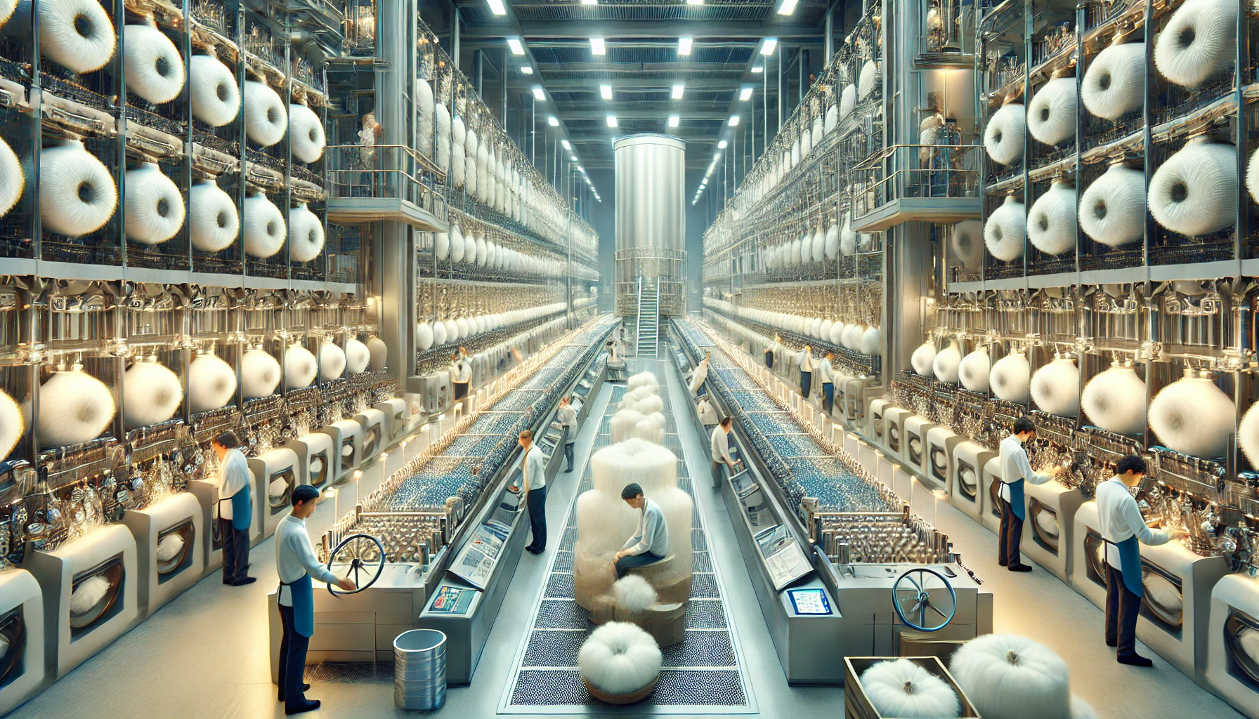 an advanced textile mill where cotton is being processed into premium yarn, showing workers of diverse ethnicities overseeing the quality control process.
