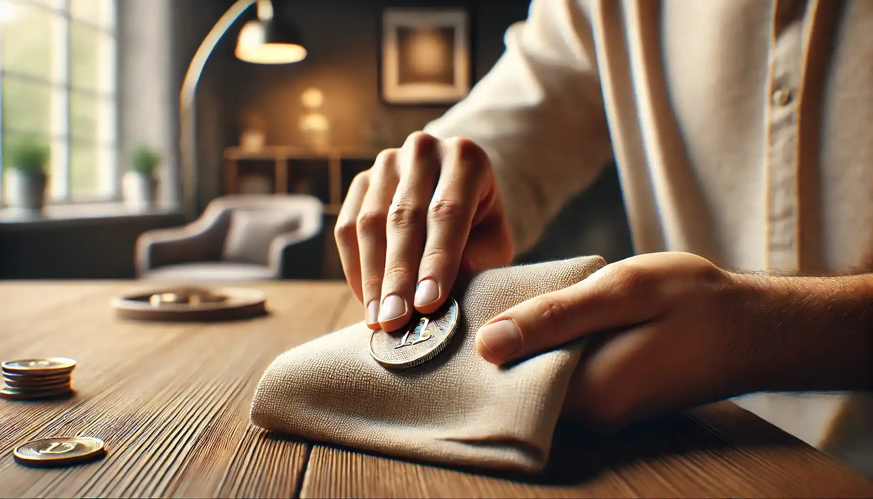 A close-up picture of hands gently cleaning a coin with a soft cotton fabric on a wooden table, set in a cozy, warmly lit room with modern decor in the background.