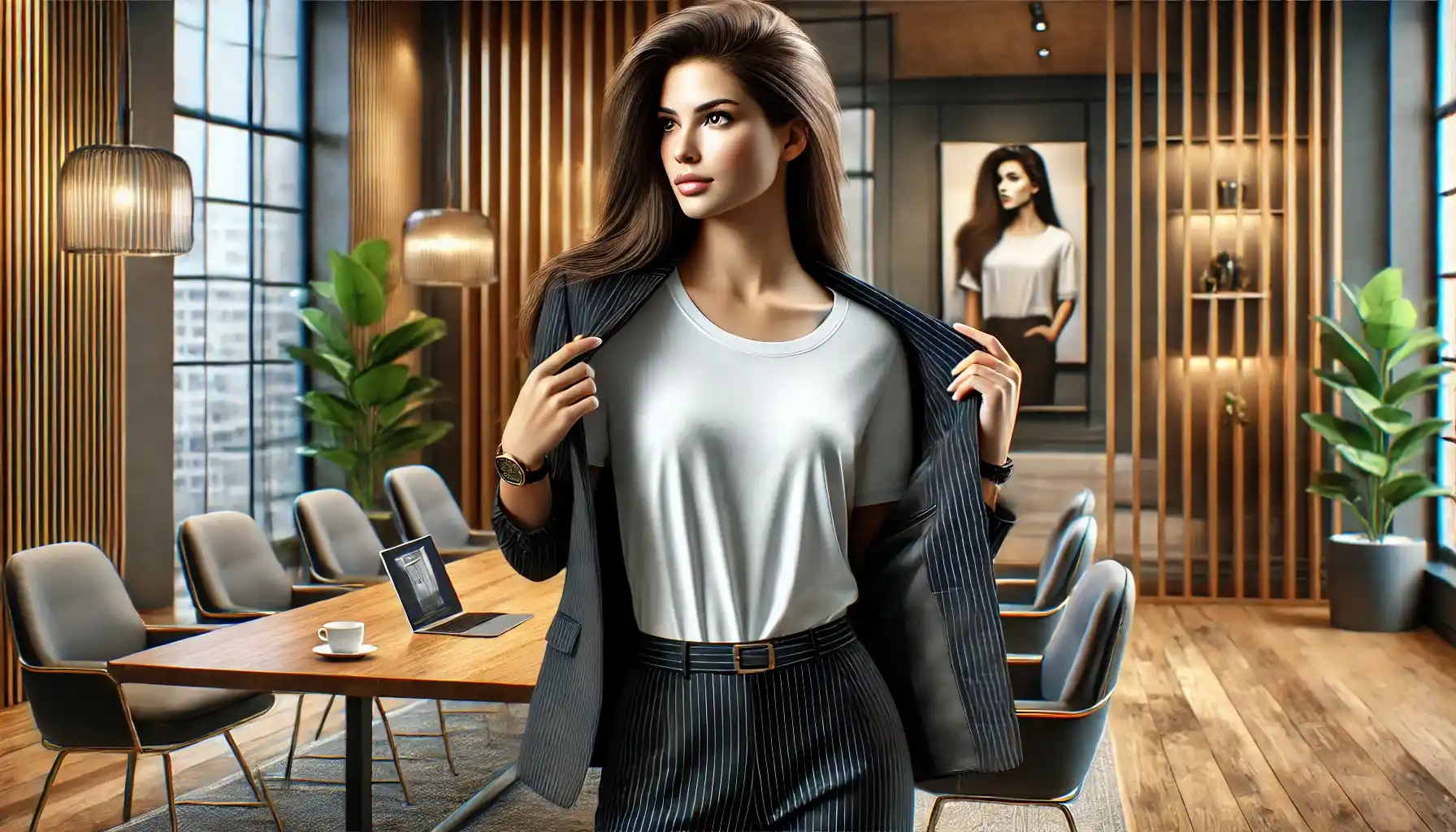 A trendy woman in a sophisticated office setting, wearing a high-quality cotton t-shirt layered under a sleek business suit. The dynamic work environment illustrates the adaptability of cotton tees for professional attire, set against a backdrop of contemporary office decor.