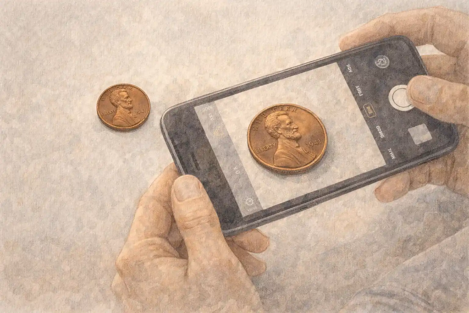 A collector photographs a 1941 penny on a smartphone.
