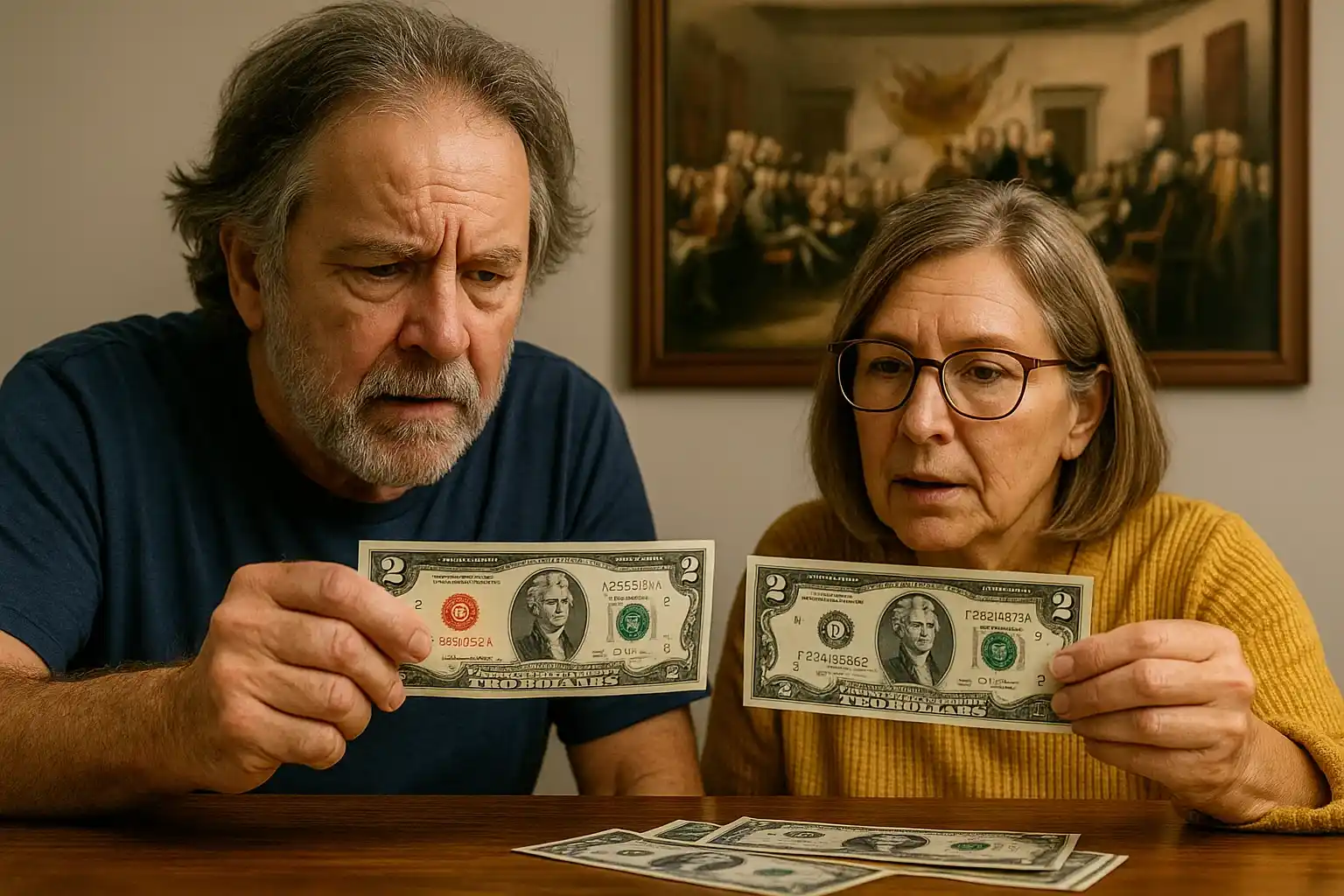 An elderly couple carefully examines old $2 bills at a table, comparing different series and seal colors.